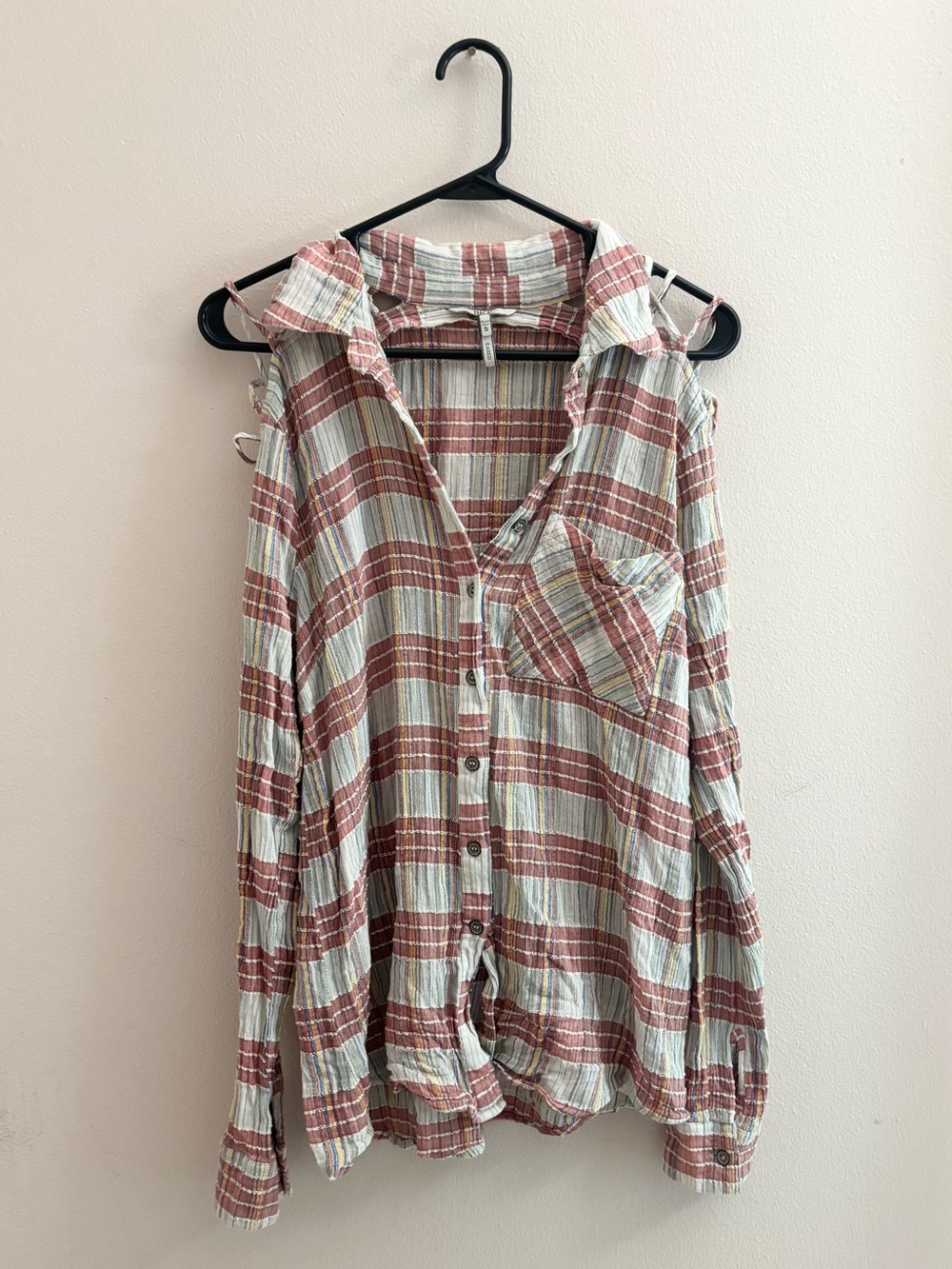 BKE Plaid Button-Up Cold Shoulder Long Sleeve - Rust & White